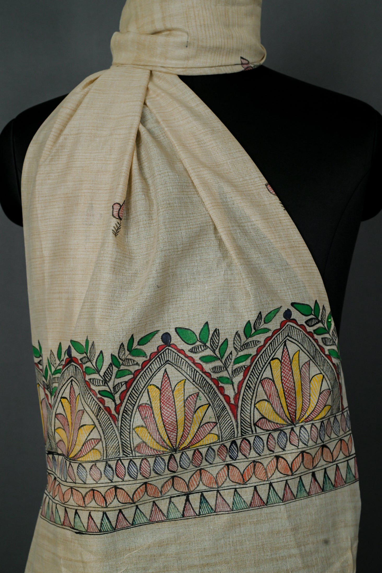 Regal Lotus Arch Handpainted Madhubani Dupatta | Khadi Cotton Stall