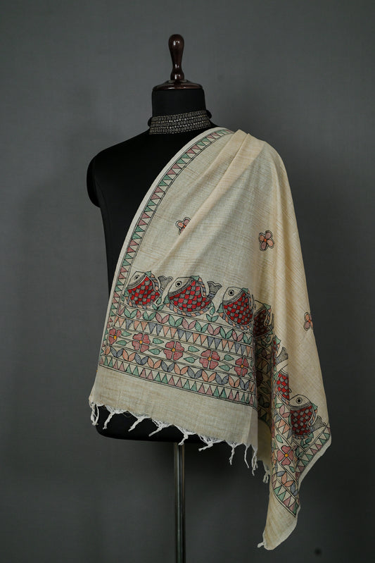 Crimson Currents Handpainted Khadi Cotton Dupatta | Madhubani Art Wrap
