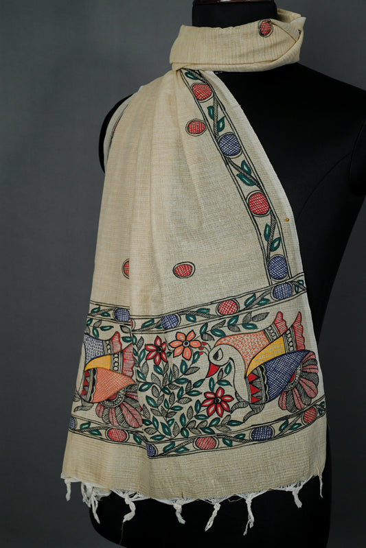 Ghicha Silk Stole | Handpainted Peacock Motif Madhubani Design