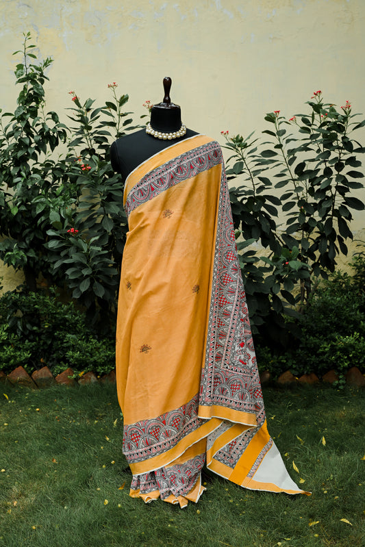 Golden Horizon Madhubani Saree | Handpainted Fish & Floral Khadi Silk