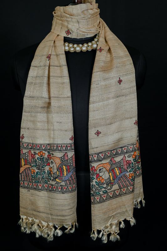 Ghicha Silk Stole | Handpainted Peacock Motif Madhubani Design