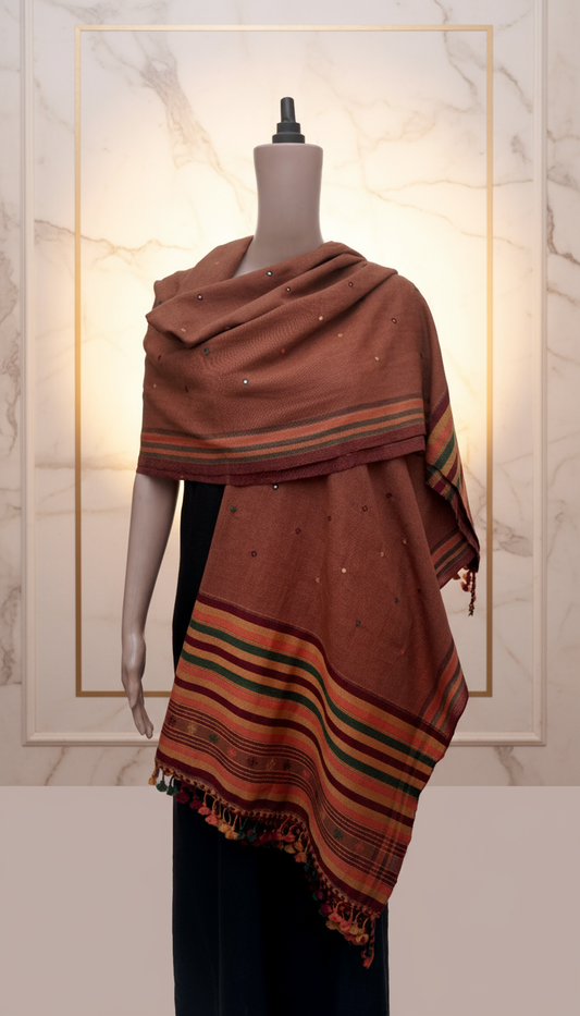 Autumn Glow | Wool Mirrorwork Handwoven Kutch Shawl