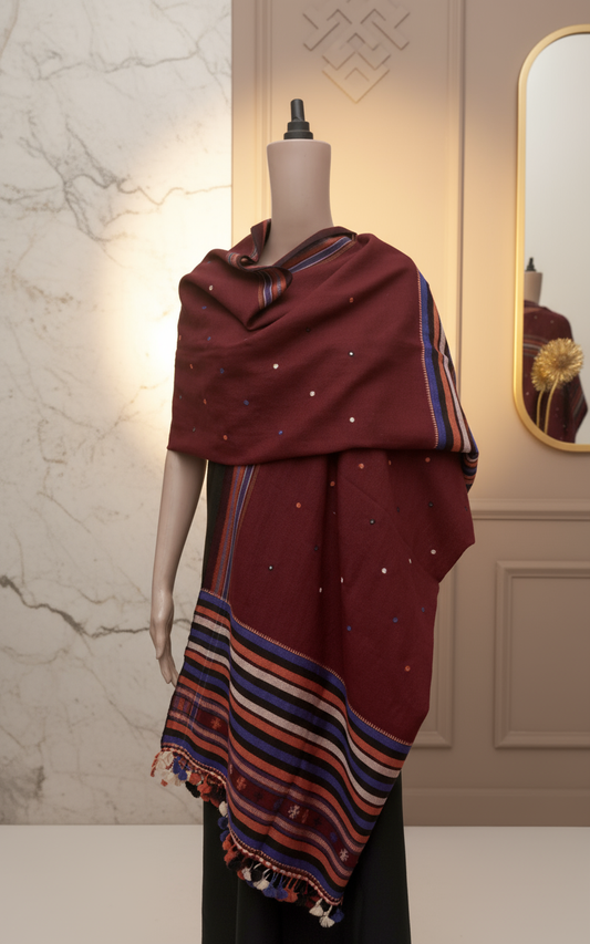Maroon Stripe | Wool Mirrorwork Handwoven Kutch Shawl