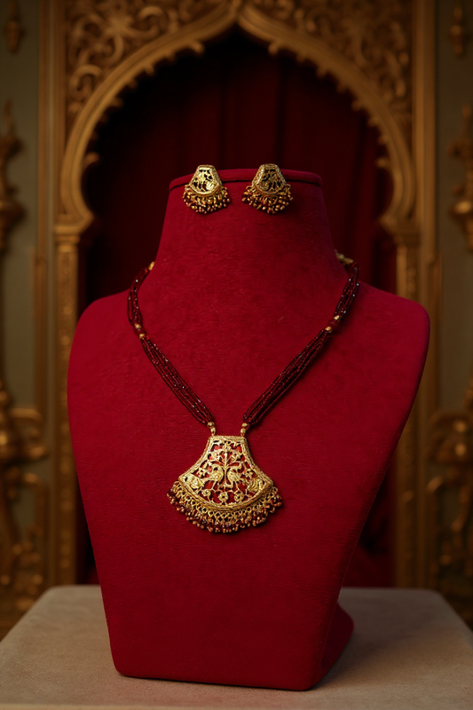 Mayura Phool Thewa Garnet Glass Bridal Pendant Set