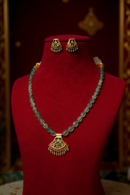 Hina Phool Thewa Green Coin Bead Bridal Pendant Set