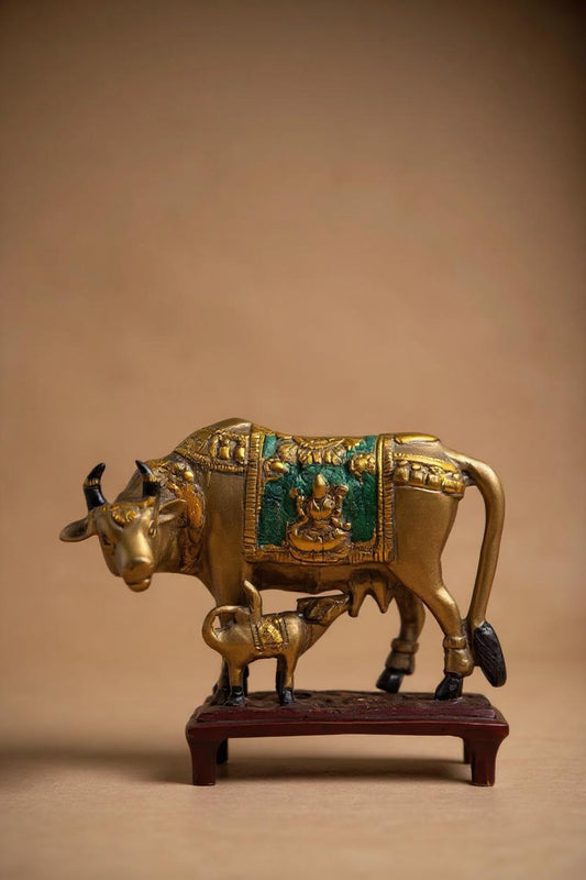 Brass Kamadhenu Cow & Calf Idol | Handcrafted Sacred Cow Statue for Home & Puja