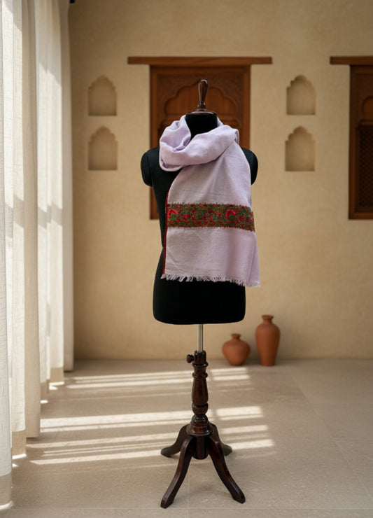 Luxury Soft Lilac Semi Pashmina Stole | Heritage Patched Design