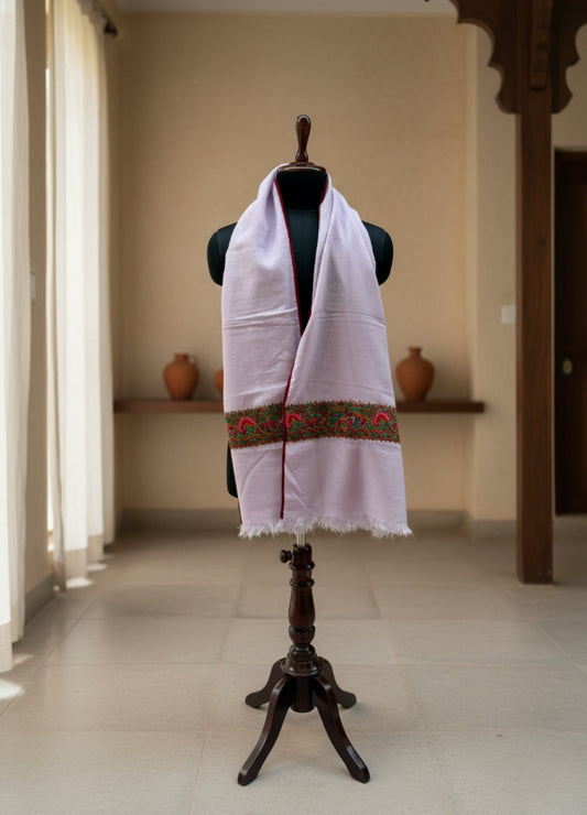Luxury Soft Lilac Semi Pashmina Stole | Heritage Patched Design