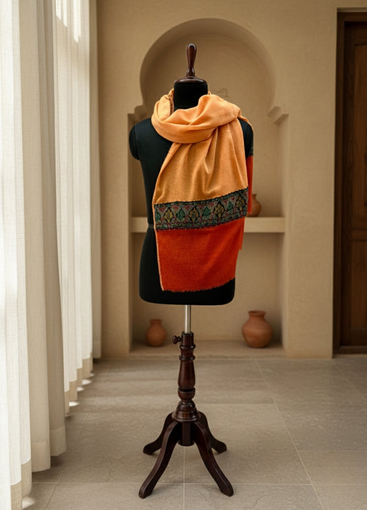 Peach & Rust Semi Pashmina Patched Stole | Handcrafted Kashmiri Art