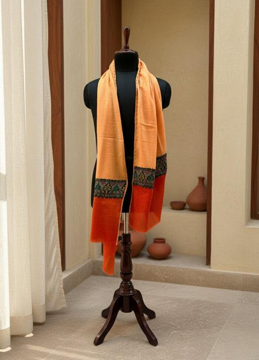 Peach & Rust Semi Pashmina Patched Stole | Handcrafted Kashmiri Art