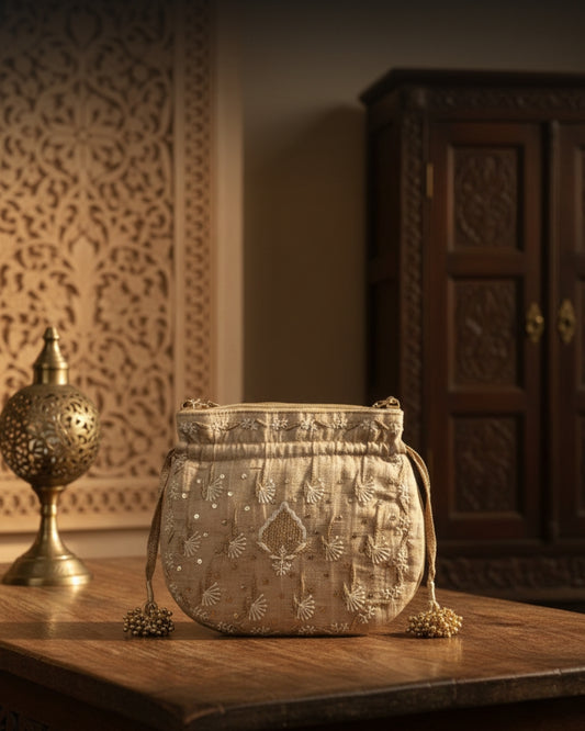 Adaab Potli – Pure Tussar Silk Chikankari Potli Bag