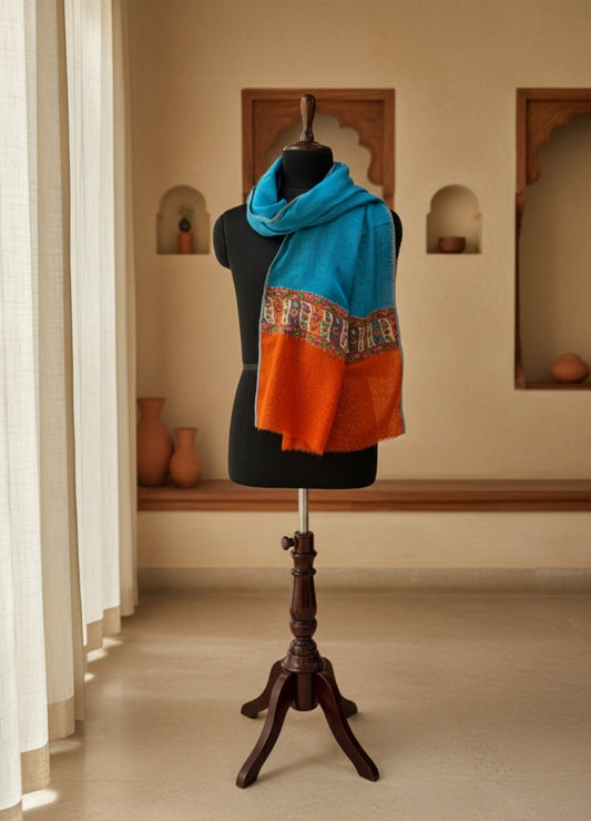 Teal & Rust Semi Pashmina Patched Stole | Handcrafted Kashmiri Art