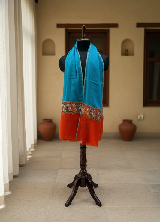Teal & Rust Semi Pashmina Patched Stole | Handcrafted Kashmiri Art