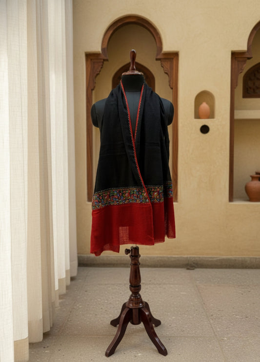 Handwoven Black & Maroon Semi Pashmina Stole | Traditional Craft