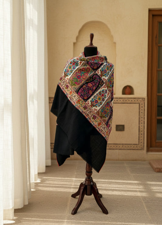 Black Patched Kashida Shawl | Heritage Hand-Embroidered Kalamkari
