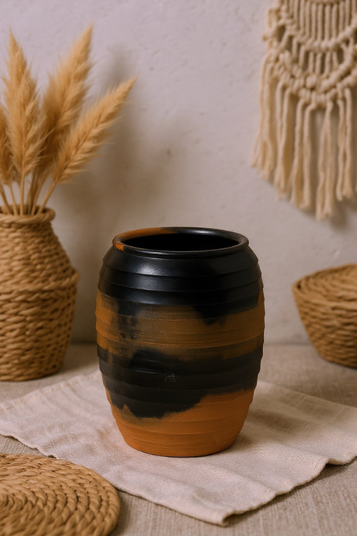 Smoke-Band Terracotta Barrel Vase