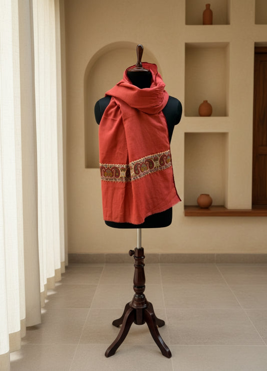 Artisan Terracotta Semi Pashmina Stole | Patched Detailing