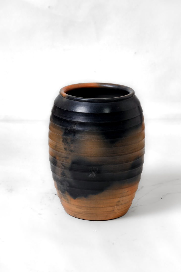 Smoke-Band Terracotta Barrel Vase