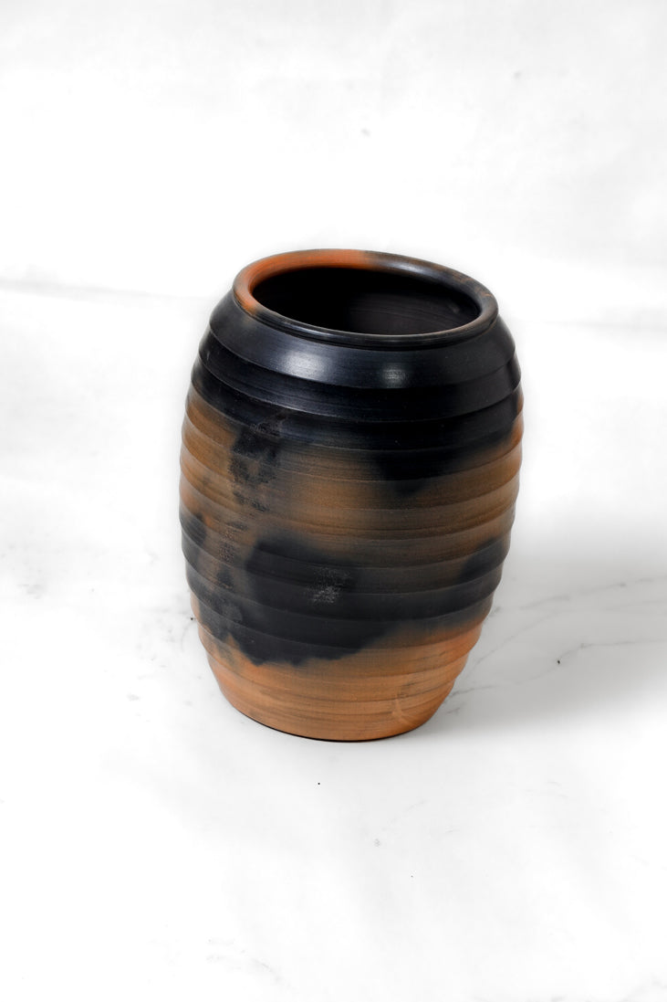 Smoke-Band Terracotta Barrel Vase