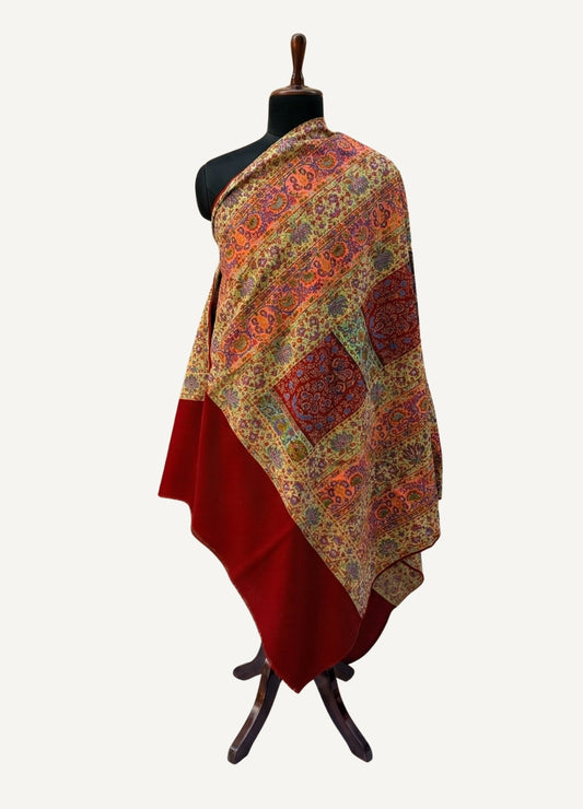Crimson Kalamkari Kashida Shawl | Hand-Embroidered Kashmir Art