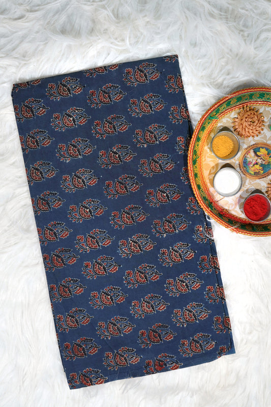Indigo Paisley Bloom Ajrak Cotton Fabric