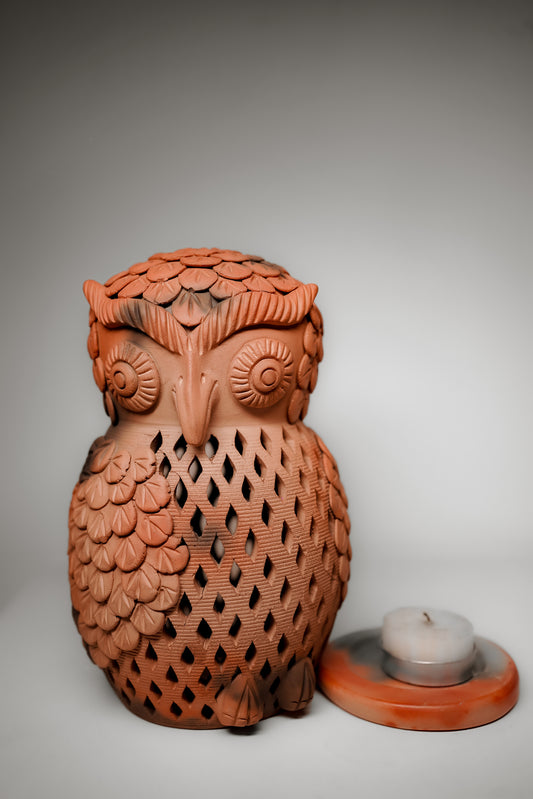 Terracotta Owl T-Light Holder (Floral & Diamond Cutwork)