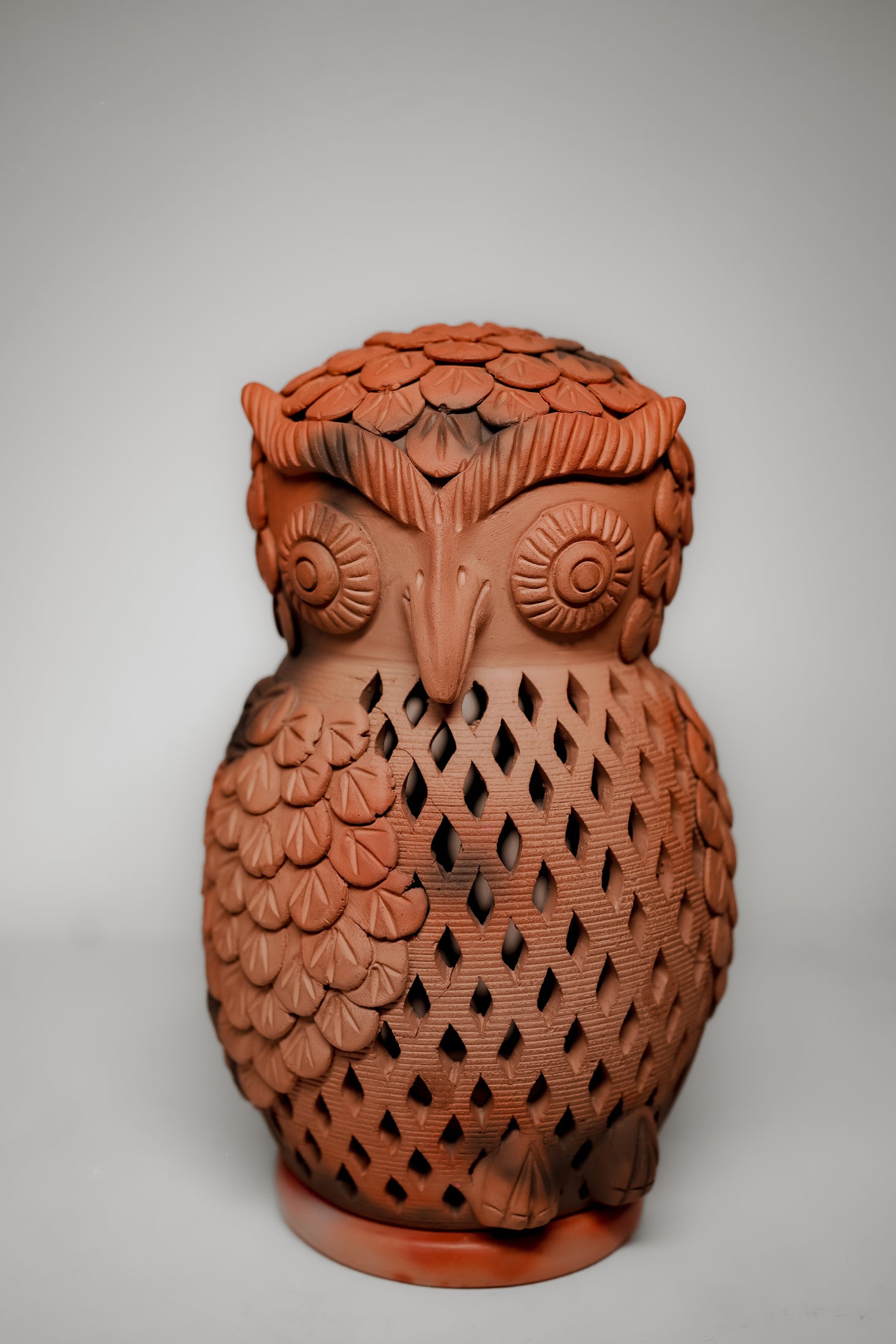 Terracotta Owl T-Light Holder (Floral & Diamond Cutwork)