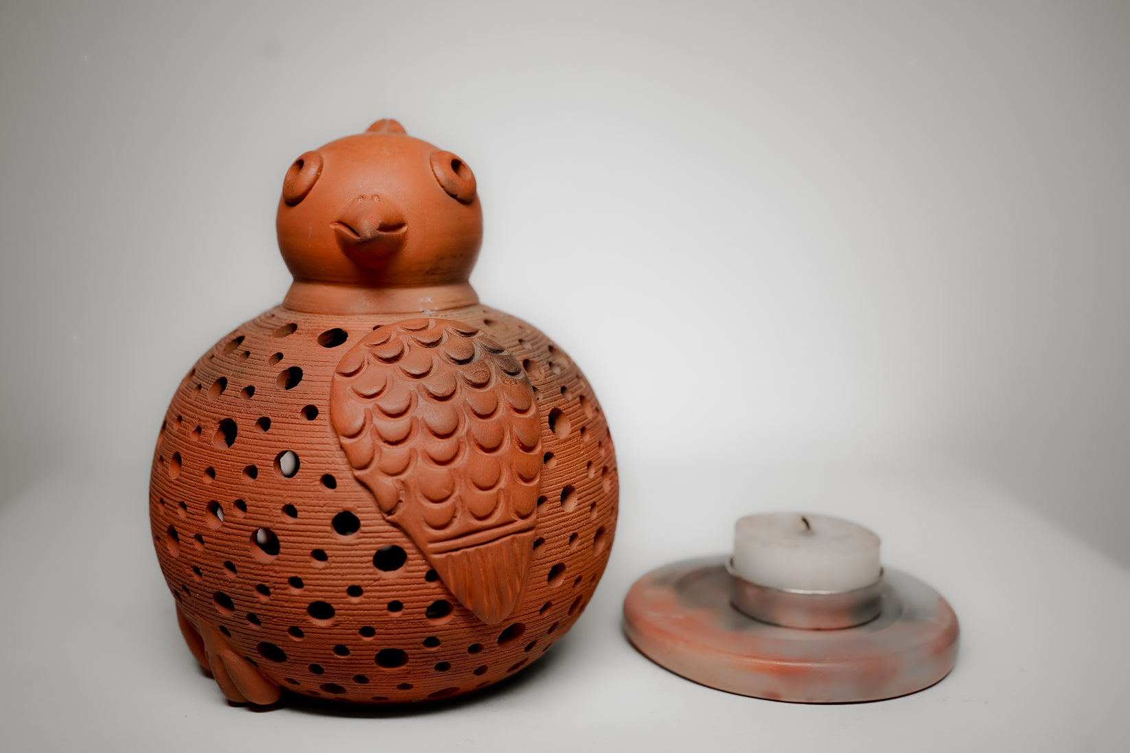 Terracotta Bird T-Light Holder (Feather & Dot Cutwork)