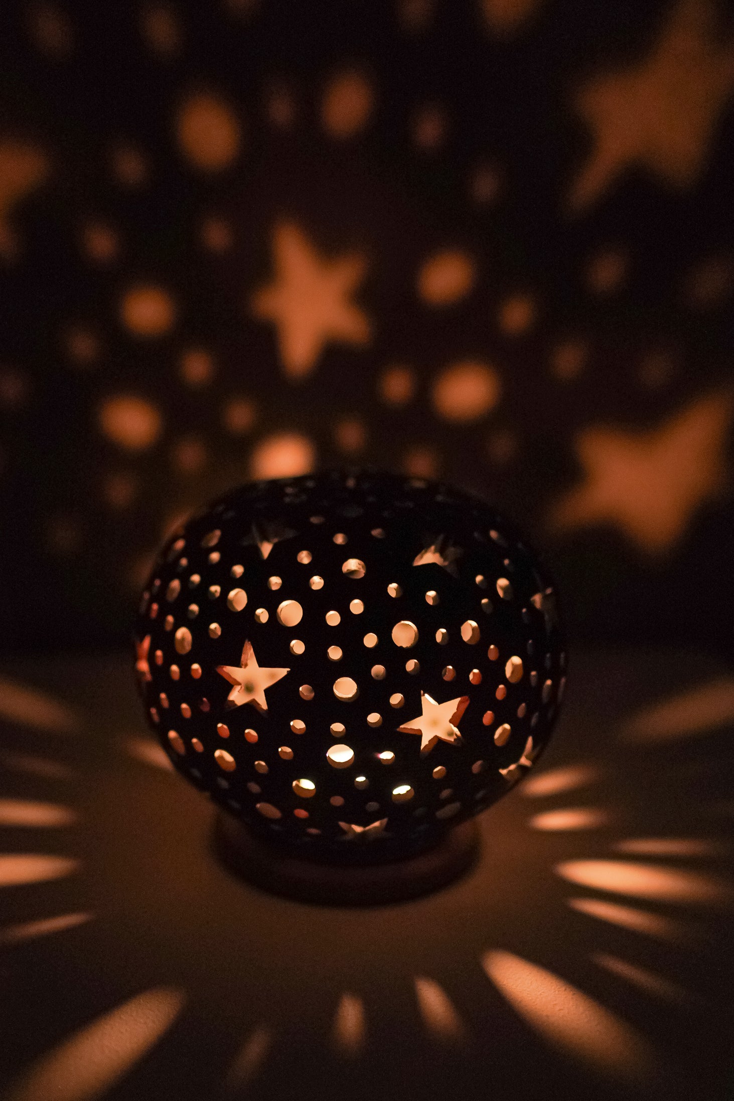Terracotta Starry Night T-Light Holder (Sphere with Star & Dot Cutouts)