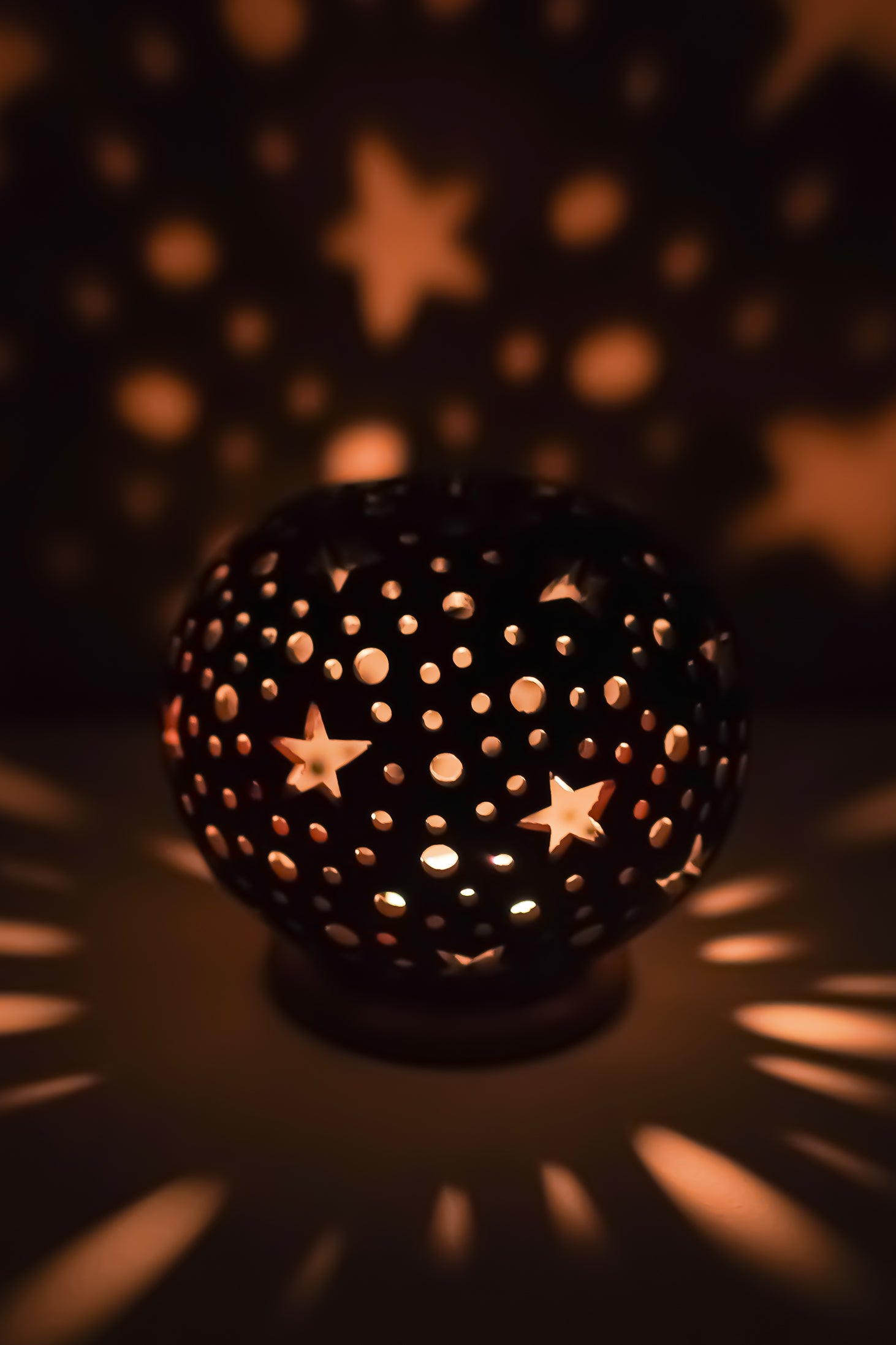 Terracotta Starry Night T-Light Holder (Sphere with Star & Dot Cutouts)