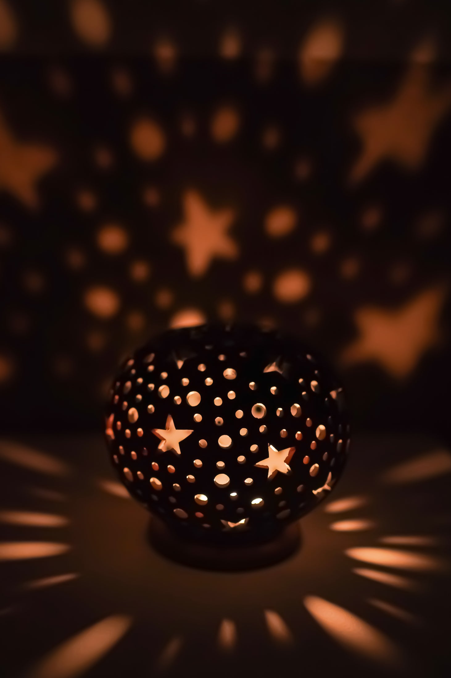 Terracotta Starry Night T-Light Holder (Sphere with Star & Dot Cutouts)