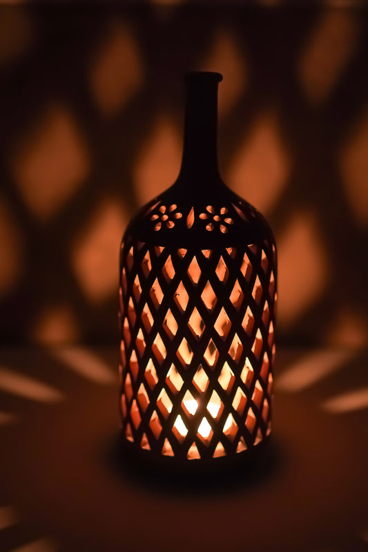 Terracotta Bottle T-Light Holder (Geometric Jali)