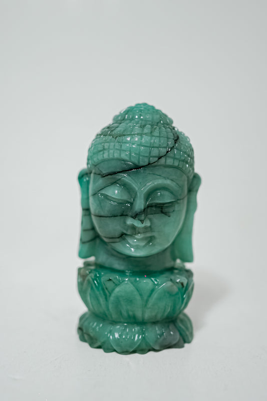 Green Aventurine Buddha Head on Lotus Carving – Mindfulness & Spiritual Décor