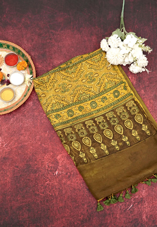 Surya Pushp Motif Ajrak Silk Saree | Artisan Weave