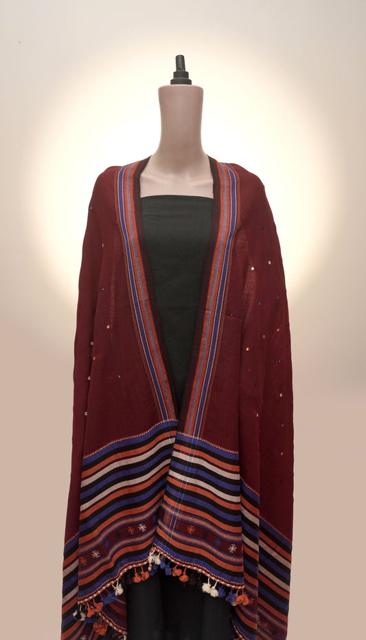 Maroon Stripe Mirrorwork Wool Shawl