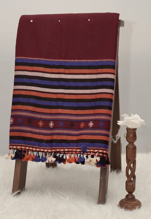 Maroon Stripe | Wool Mirrorwork Handwoven Kutch Shawl