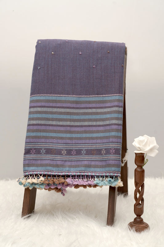 Misty Lilac | Wool Mirrorwork Handwoven Kutch Shawl