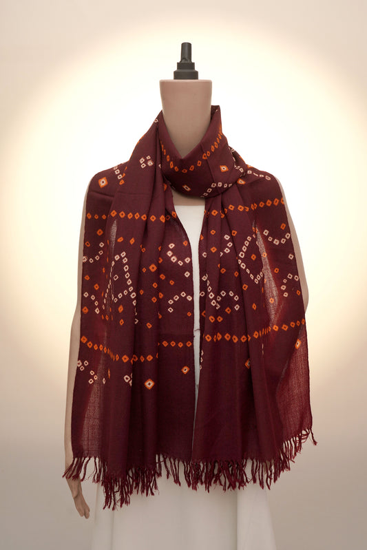 Maroon Geometric Bandhani Wool Stall