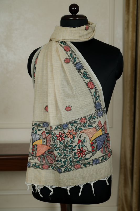Garden Melody – Handpainted Madhubani Khadi Cotton Dupatta