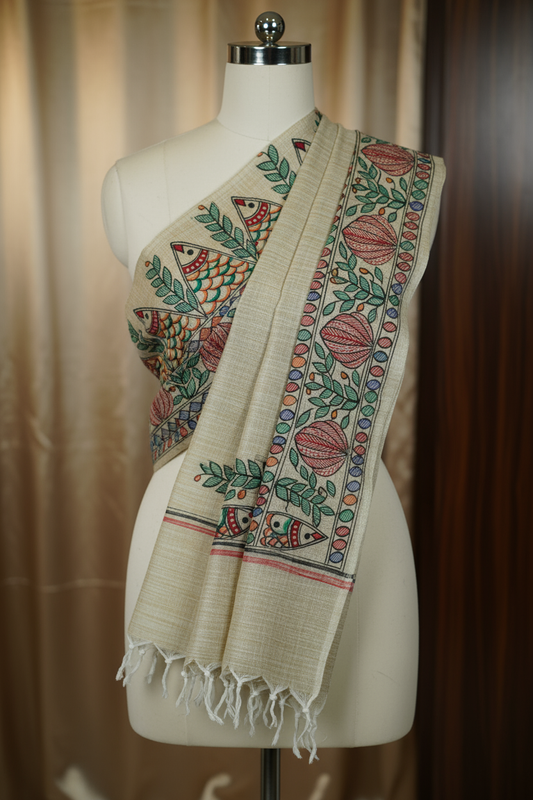 Fertile Waves – Handpainted Madhubani Khadi Cotton Dupatta