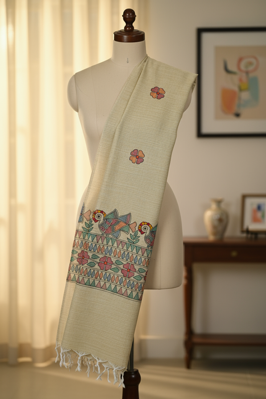 Flow of Abundance – Handpainted Madhubani Khadi Cotton Dupatta