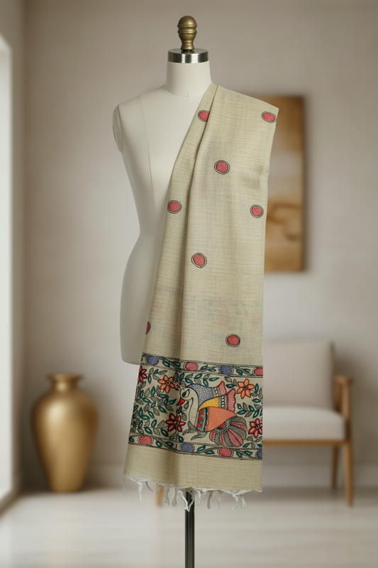 Garden Melody – Handpainted Madhubani Khadi Cotton Dupatta