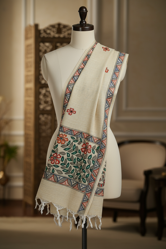 Garden of Mithila – Handpainted Madhubani Khadi Cotton Dupatta