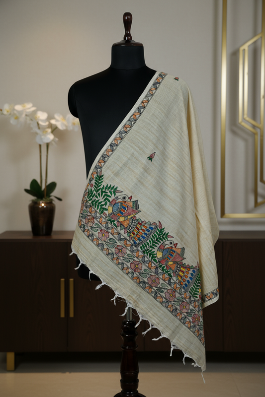 Feathered Symphony – Handpainted Madhubani Khadi Cotton Dupatta
