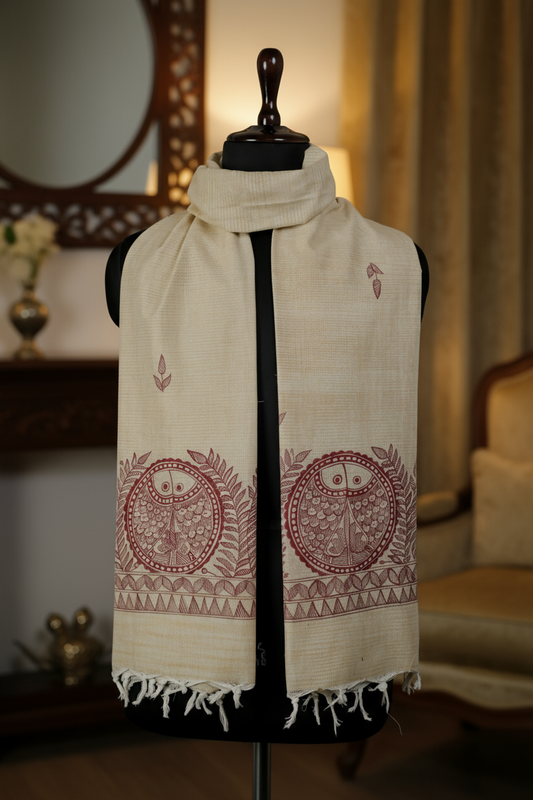Mithila Harmony – Handpainted Madhubani Khadi Cotton Dupatta
