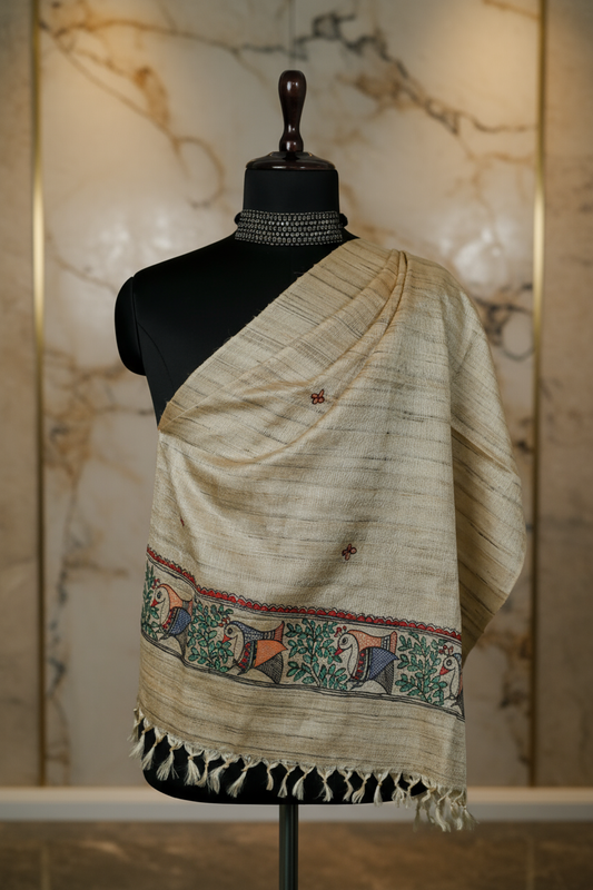 Song of the Birds – Handpainted Madhubani Khadi Cotton Dupatta