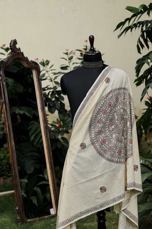 Circle of Life – Handpainted Madhubani Khadi Cotton Dupatta
