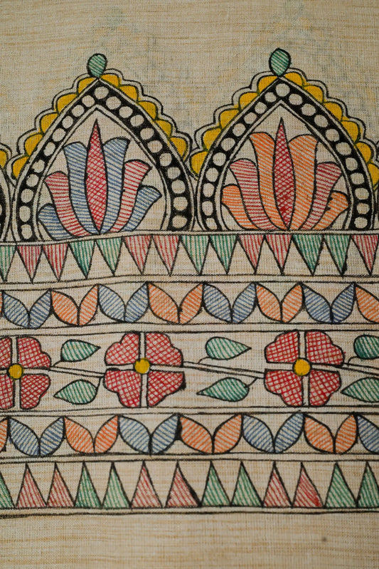 Regal Lotus Arch Handpainted Madhubani Dupatta | Khadi Cotton Stall