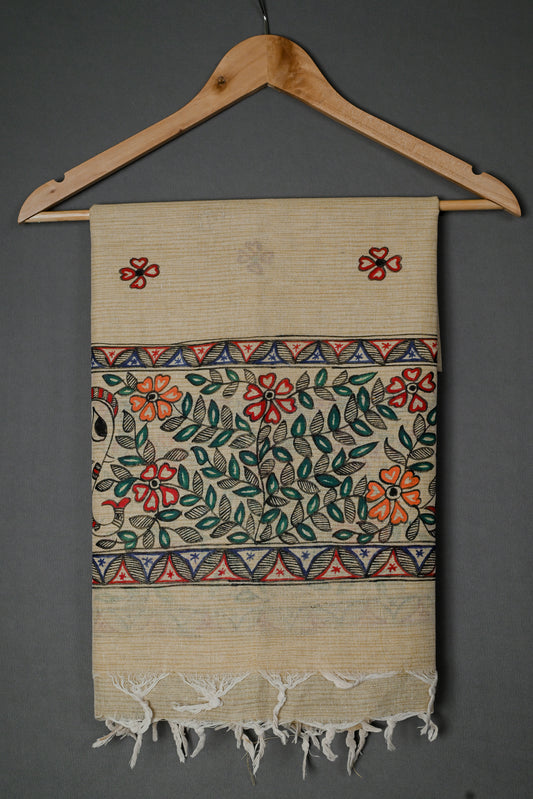 Garden of Mithila – Handpainted Madhubani Khadi Cotton Dupatta