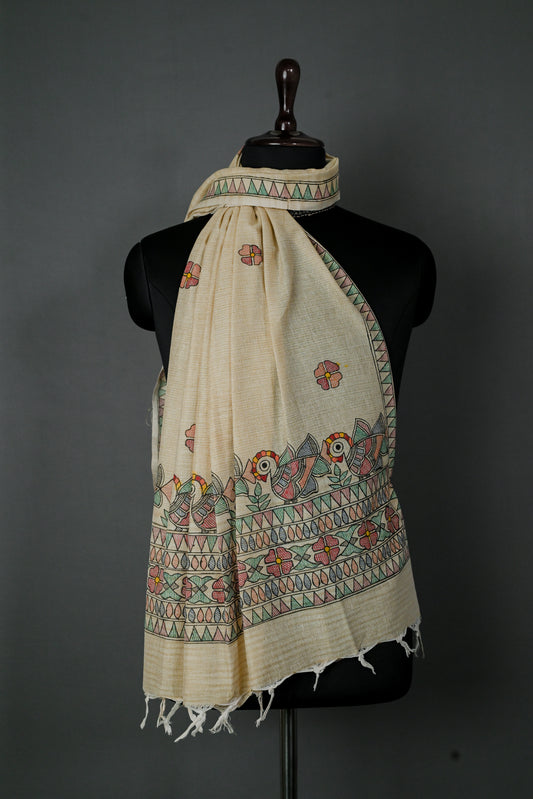 Floral Harmony – Handpainted Madhubani Khadi Cotton Dupatta